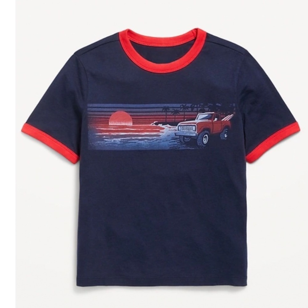 Old Navy Softest Tee Navy Blue Red Ringer‎ Sunset Truck Graphic Shirt L 10-12